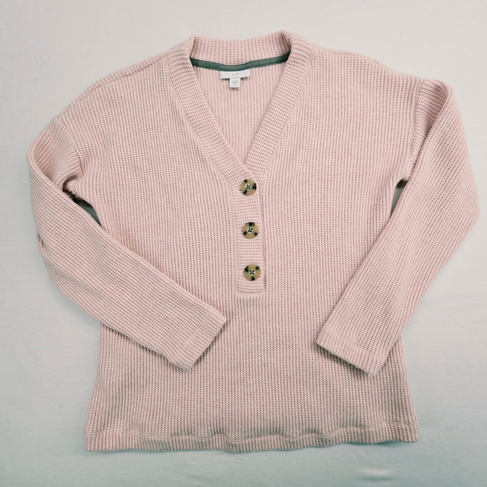 J Jill Sz XS Pink Waffle Sweater Pink V Neck 3 Button Casual Layering Soft Cozy